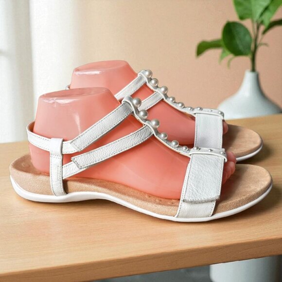VIONIC ( 10 ) MIKAH White Leather Backstrap Sandal Pearl Detail 3-Zone Comfort - Picture 5 of 15